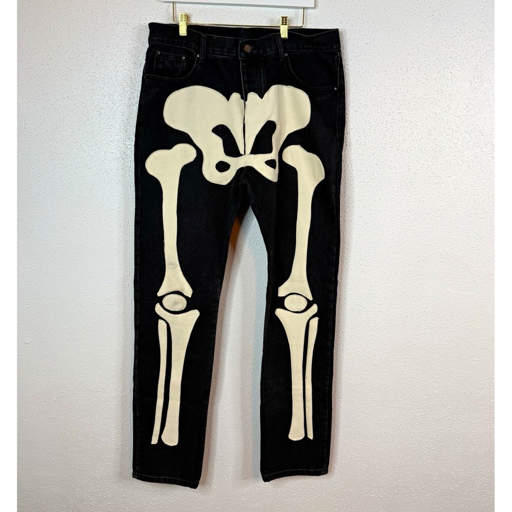 mnml Men's Black Wash Denim Skeleton Graphic Print Slim Skinny Jeans Halloween